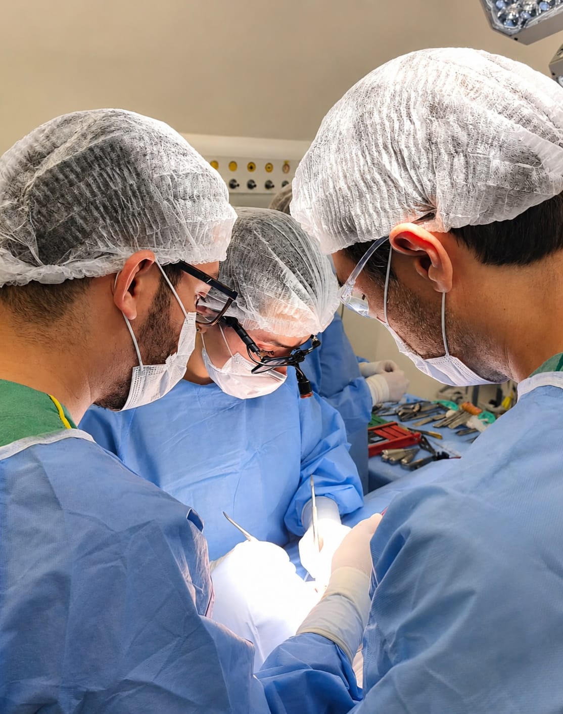 Dra. Amanda Coli e Dr. Eliézer Andrade operando em centro cirúrgico hospitalar
