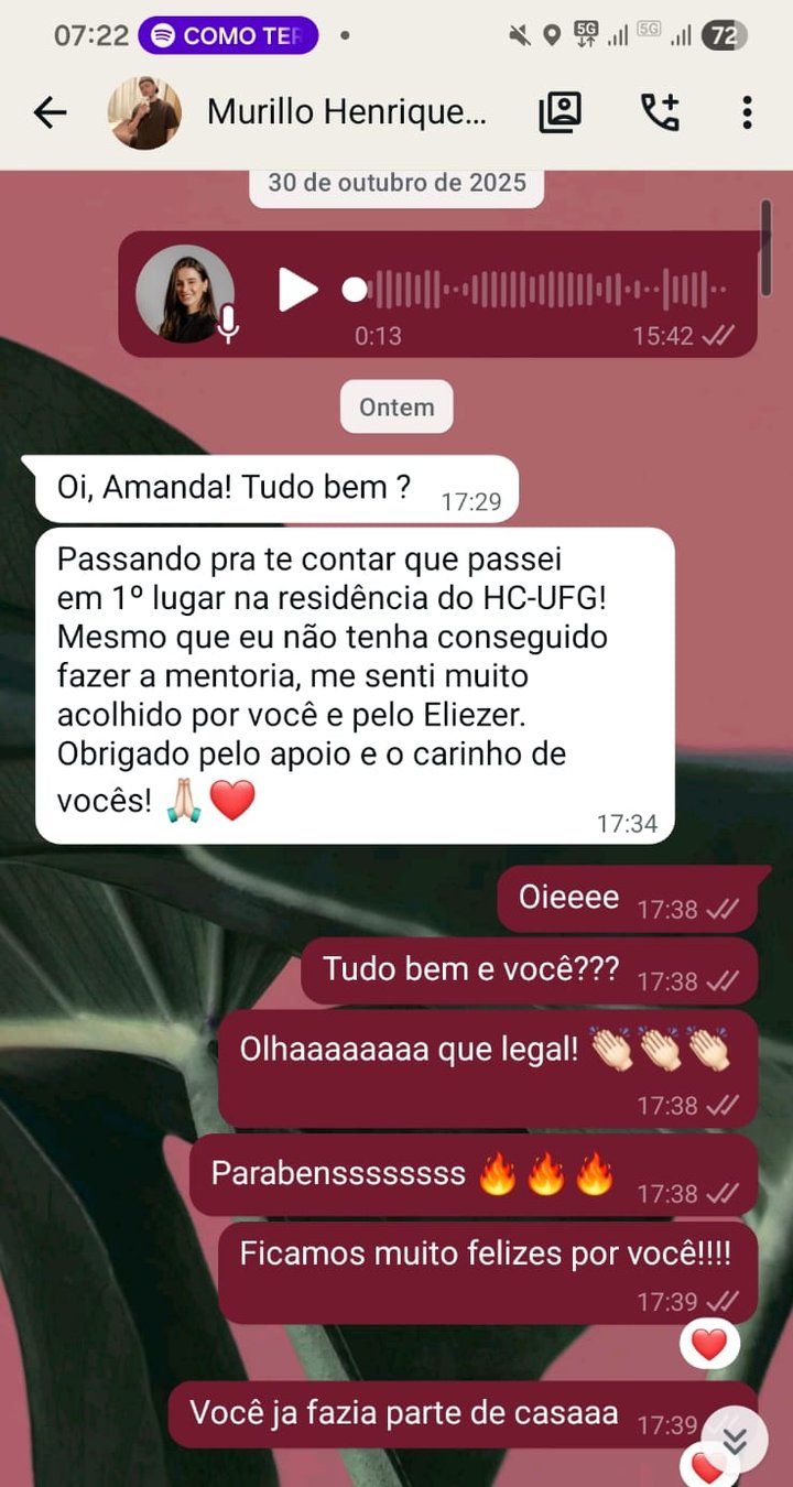 Depoimento de Murillo Henrique, aprovado em 1º lugar na residência do HC-UFG, sobre o MaxFocos no WhatsApp
